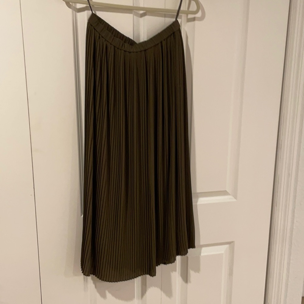 Long olive colored pleated skirt